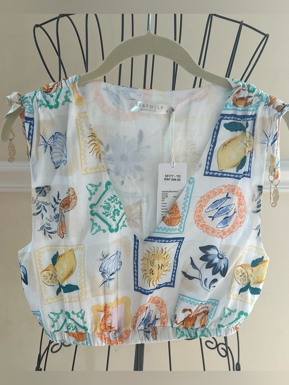 NWT Seafolly Australia Wish You Were Here Vacation Print Crop Top 100% Cotton
